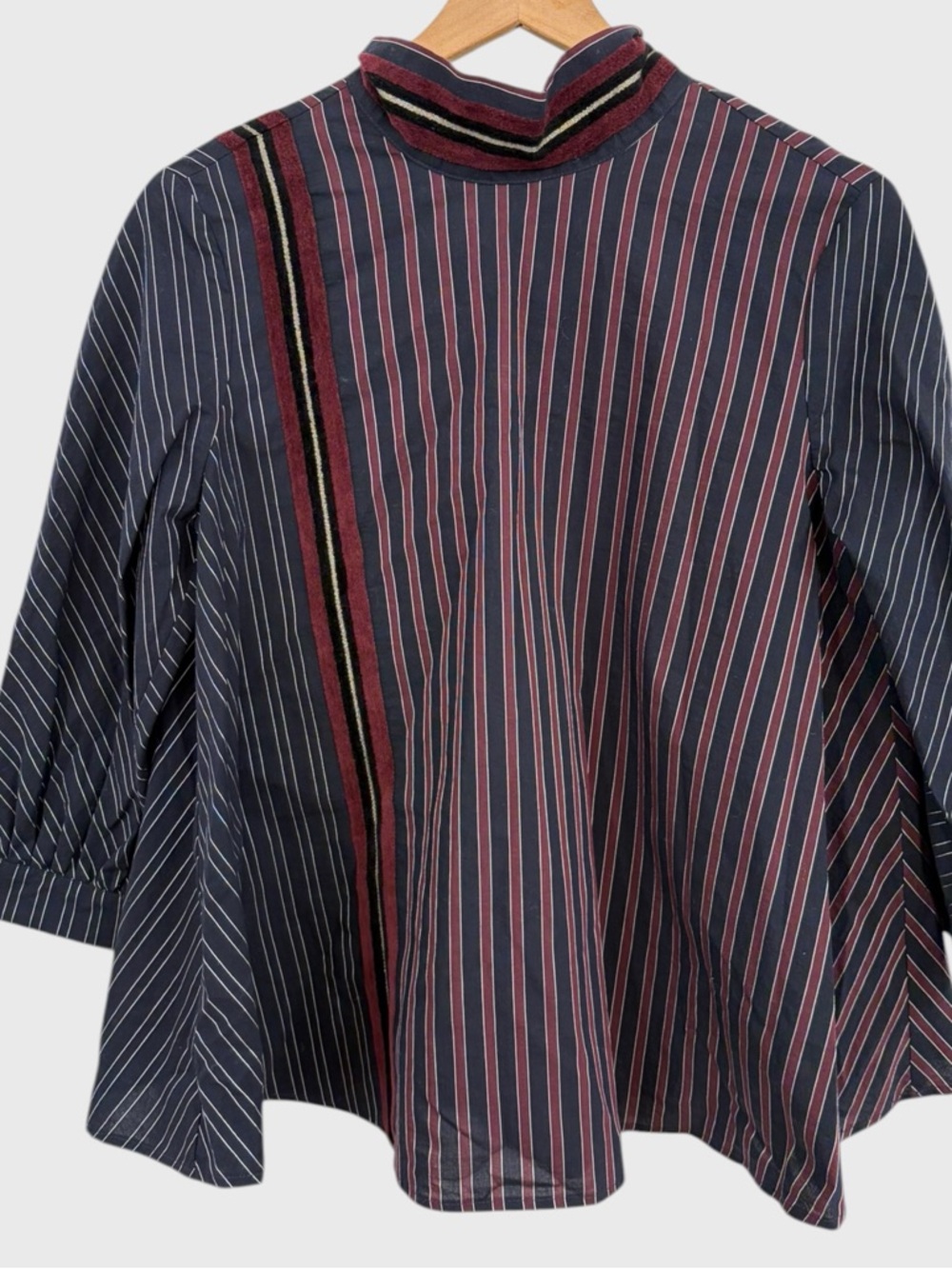 Alysi Crème Navy Burgundy Striped Mock Tie Neck Blouse US Size 2